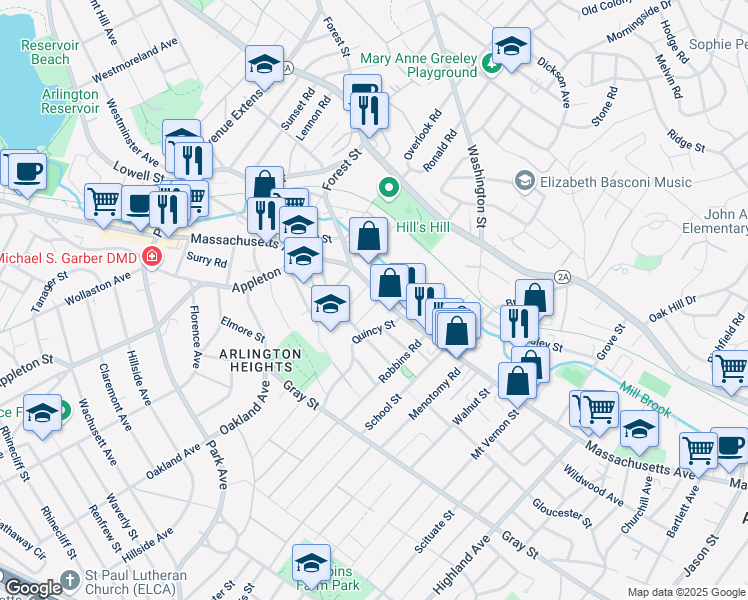 map of restaurants, bars, coffee shops, grocery stores, and more near 1145 Massachusetts Avenue in Arlington