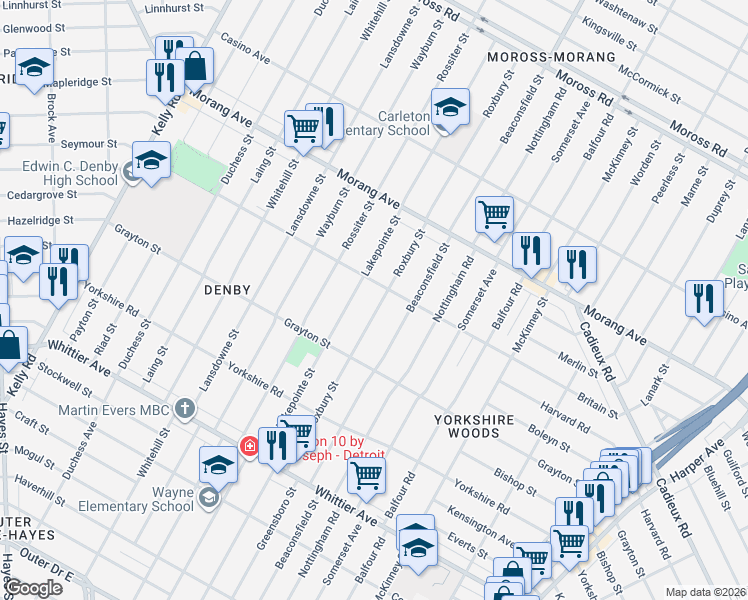 map of restaurants, bars, coffee shops, grocery stores, and more near 11311 Roxbury Street in Detroit