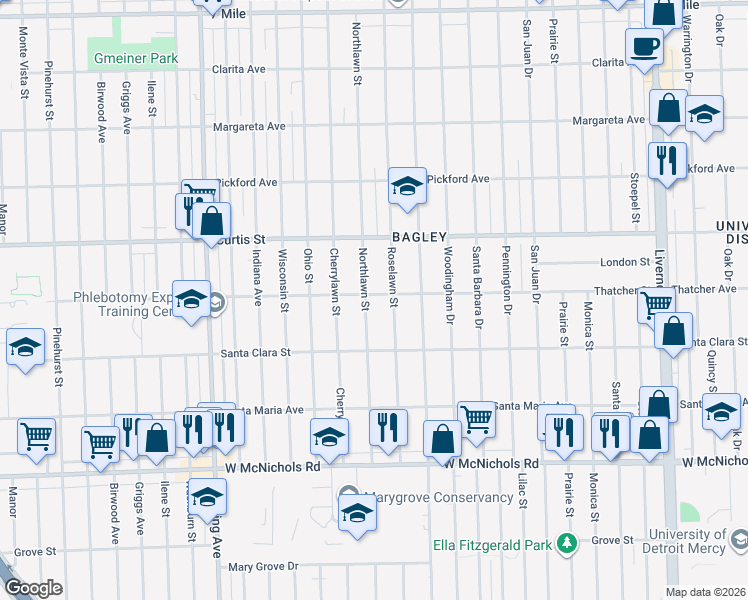 map of restaurants, bars, coffee shops, grocery stores, and more near 18027 Northlawn Street in Detroit