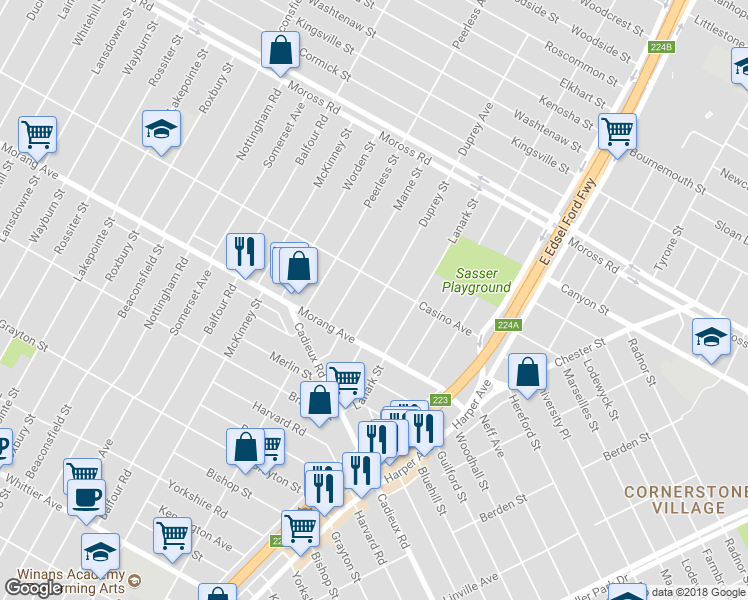 map of restaurants, bars, coffee shops, grocery stores, and more near 10497 Duprey Street in Detroit