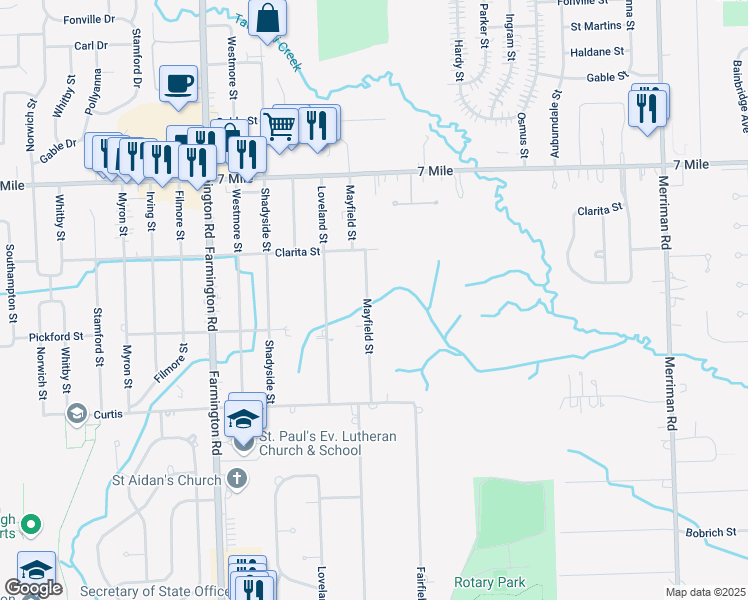 map of restaurants, bars, coffee shops, grocery stores, and more near 18755 Mayfield Street in Livonia