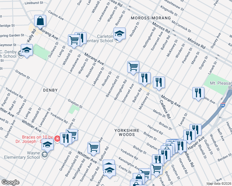 map of restaurants, bars, coffee shops, grocery stores, and more near 11089 Nottingham Road in Detroit