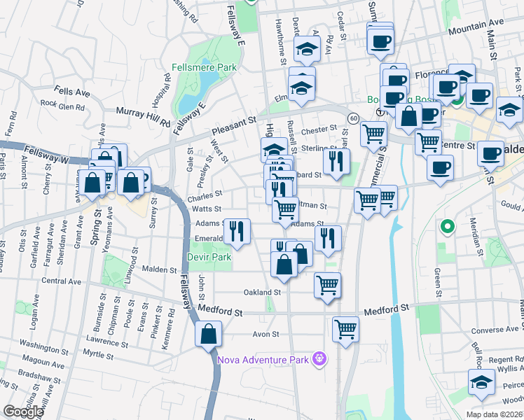 map of restaurants, bars, coffee shops, grocery stores, and more near 360 Charles Street in Malden