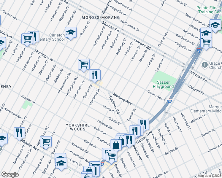 map of restaurants, bars, coffee shops, grocery stores, and more near 10620 Morang Avenue in Detroit