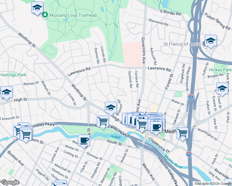map of restaurants, bars, coffee shops, grocery stores, and more near 54 Powder House Road in Medford