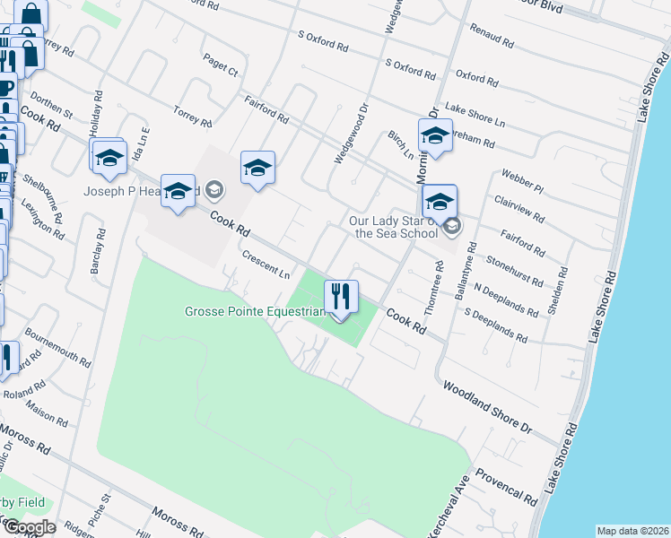 map of restaurants, bars, coffee shops, grocery stores, and more near 19805 Edshire Lane in Grosse Pointe Woods