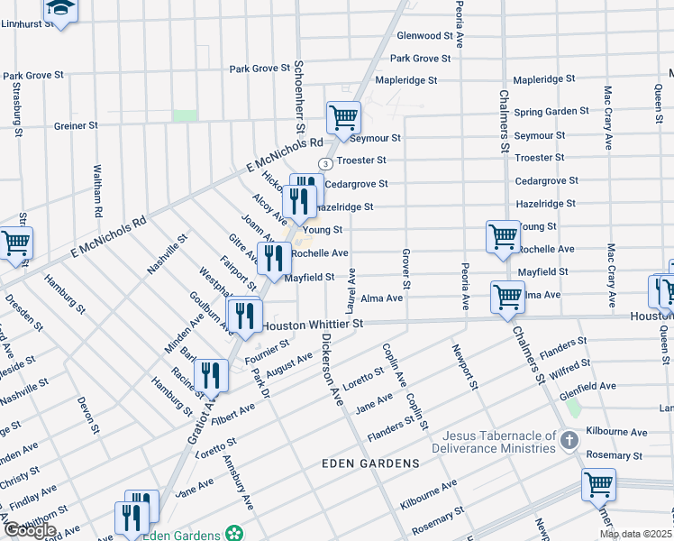 map of restaurants, bars, coffee shops, grocery stores, and more near 13338 Rochelle Avenue in Detroit