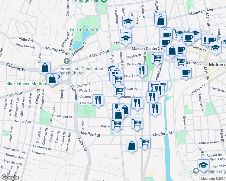 map of restaurants, bars, coffee shops, grocery stores, and more near 10 Folsom Court in Malden