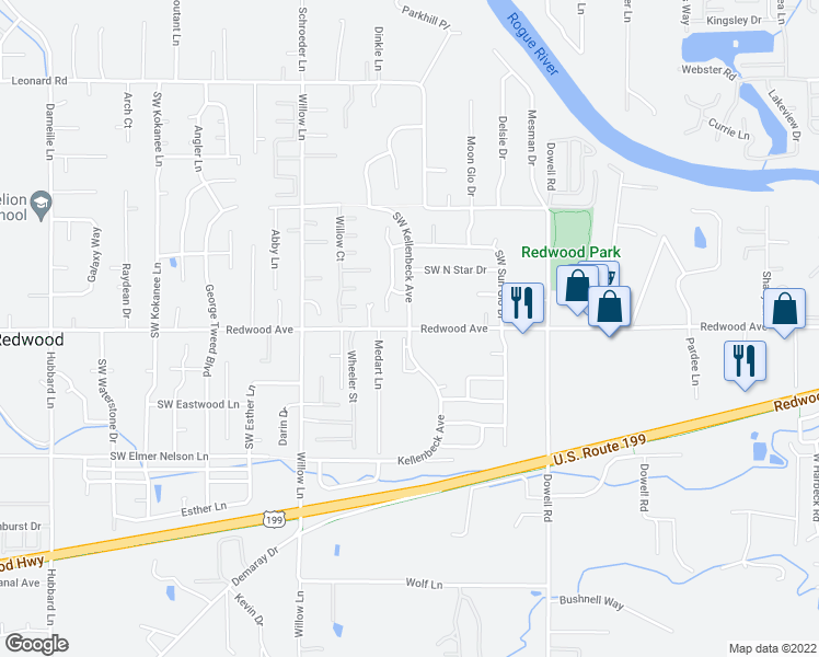 map of restaurants, bars, coffee shops, grocery stores, and more near 1461 Kellenbeck Avenue in Grants Pass
