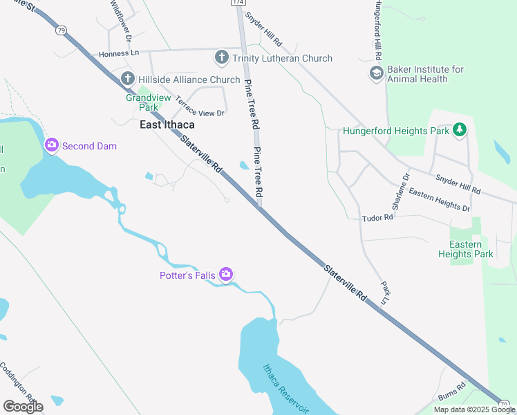 map of restaurants, bars, coffee shops, grocery stores, and more near Slaterville Road & Pine Tree Road in Ithaca