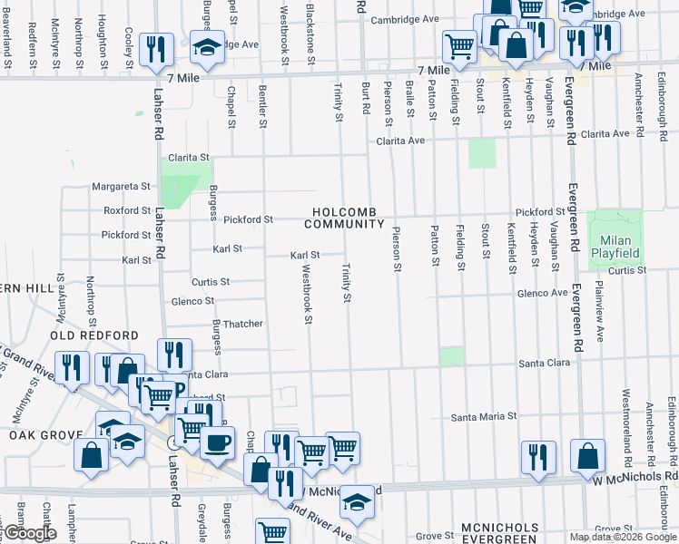 map of restaurants, bars, coffee shops, grocery stores, and more near 21126 Karl Street in Detroit