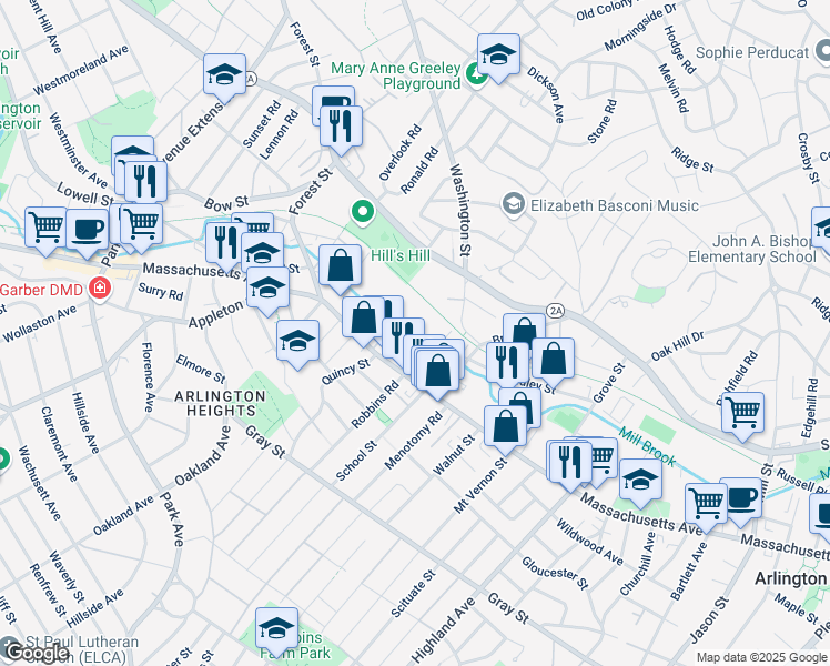 map of restaurants, bars, coffee shops, grocery stores, and more near 1 Old Colony Lane in Arlington