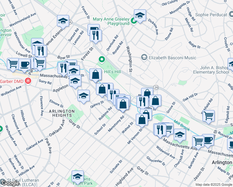 map of restaurants, bars, coffee shops, grocery stores, and more near 8 Old Colony Lane in Arlington