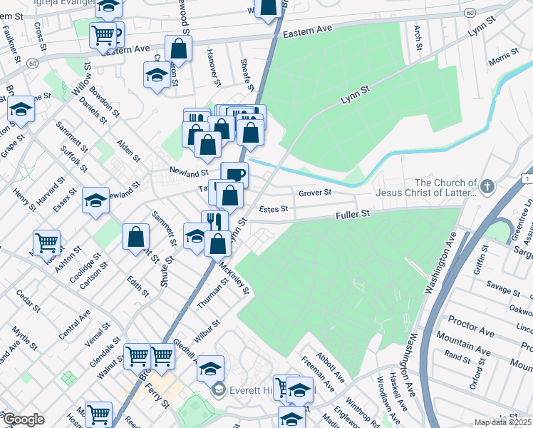 map of restaurants, bars, coffee shops, grocery stores, and more near 100 Lynn Street in Everett
