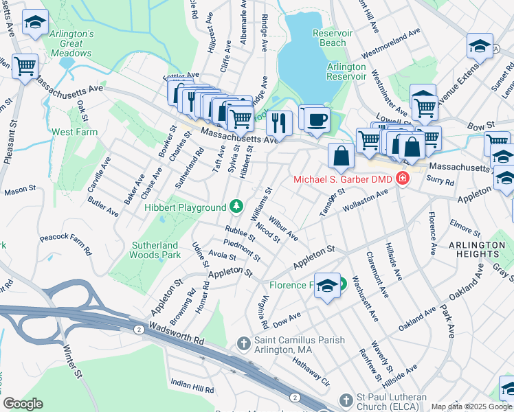 map of restaurants, bars, coffee shops, grocery stores, and more near 84 Hibbert Street in Arlington