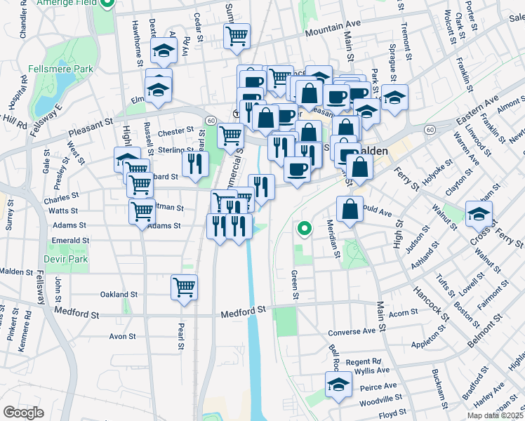 map of restaurants, bars, coffee shops, grocery stores, and more near 105 Canal Street in Malden