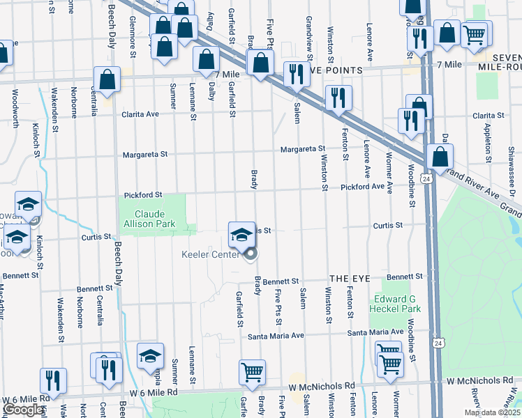 map of restaurants, bars, coffee shops, grocery stores, and more near 18260 Brady in Redford Charter Township