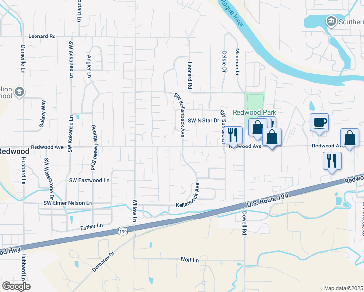 map of restaurants, bars, coffee shops, grocery stores, and more near 1459 Southwest Kellenbeck Avenue in Grants Pass