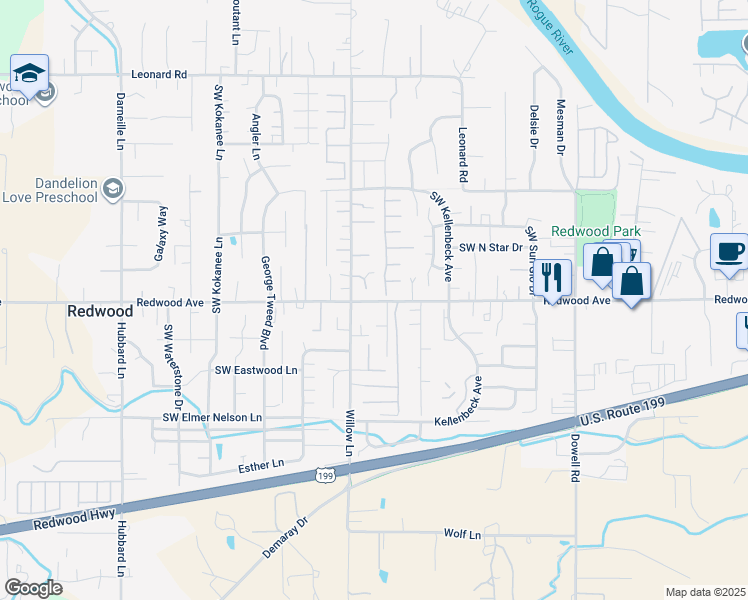 map of restaurants, bars, coffee shops, grocery stores, and more near 2301-2399 Sasha Court in Grants Pass