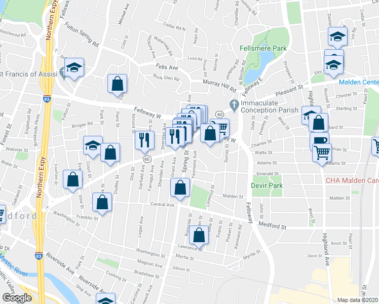 map of restaurants, bars, coffee shops, grocery stores, and more near 463 Salem Street in Medford