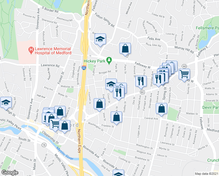 map of restaurants, bars, coffee shops, grocery stores, and more near 59 Court Street in Medford