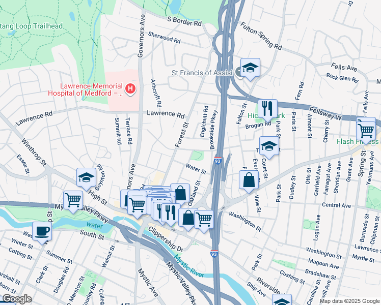map of restaurants, bars, coffee shops, grocery stores, and more near 23 Woodrow Avenue in Medford