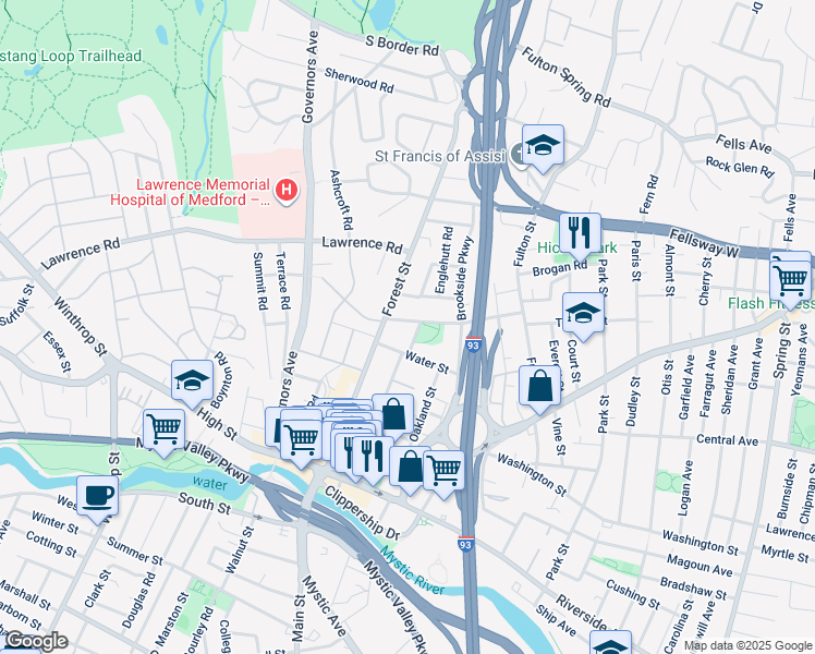 map of restaurants, bars, coffee shops, grocery stores, and more near 23 Woodrow Avenue in Medford