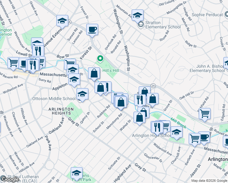 map of restaurants, bars, coffee shops, grocery stores, and more near 9 Old Colony Lane in Arlington