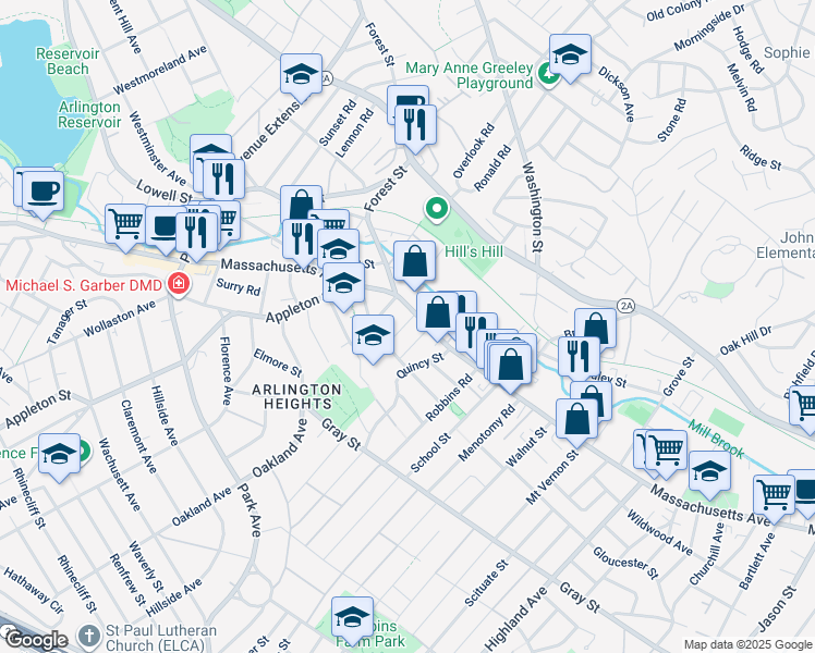 map of restaurants, bars, coffee shops, grocery stores, and more near 1145 Massachusetts Avenue in Arlington