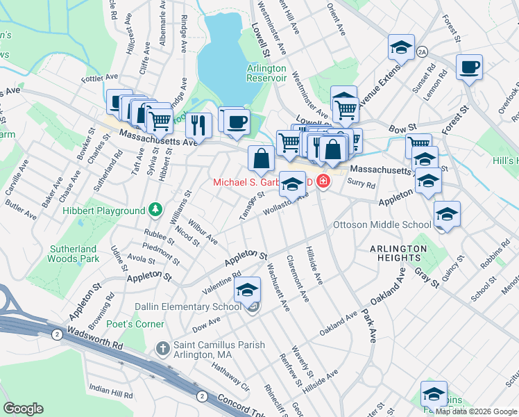 map of restaurants, bars, coffee shops, grocery stores, and more near 36 Tanager Street in Arlington