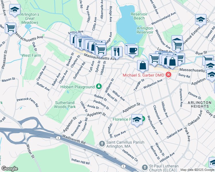 map of restaurants, bars, coffee shops, grocery stores, and more near 84 Hibbert Street in Arlington