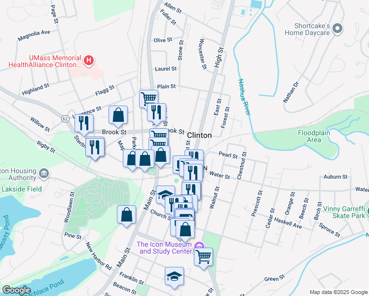 map of restaurants, bars, coffee shops, grocery stores, and more near 15 Myrtle Street in Clinton