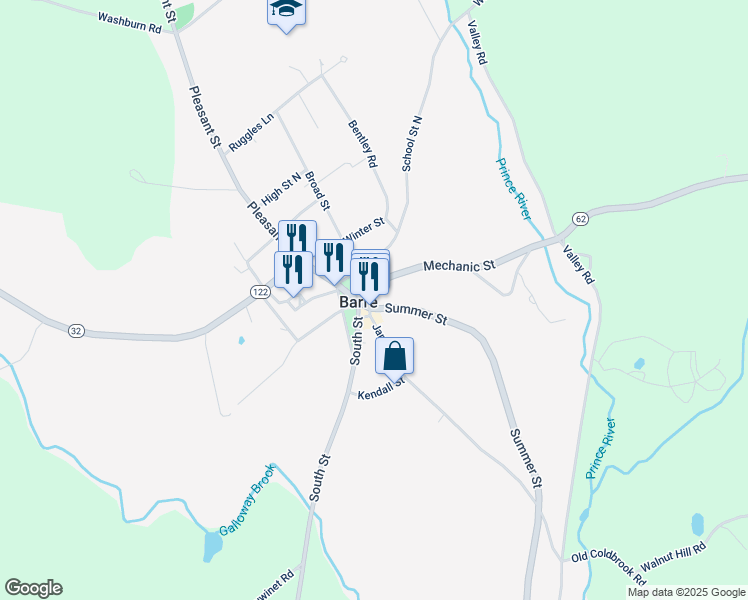 map of restaurants, bars, coffee shops, grocery stores, and more near 40 Mechanic Street in Barre