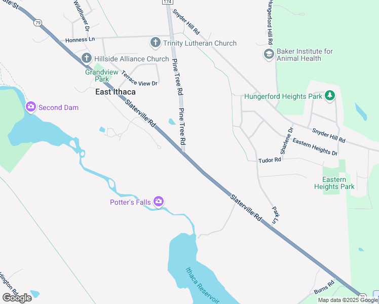 map of restaurants, bars, coffee shops, grocery stores, and more near 105 Pine Tree Road in Ithaca