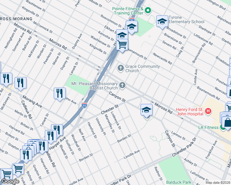map of restaurants, bars, coffee shops, grocery stores, and more near 18942 Rockcastle Street in Grosse Pointe