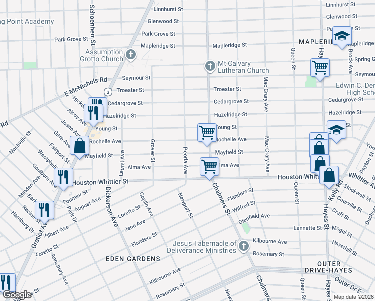 map of restaurants, bars, coffee shops, grocery stores, and more near 14190 Rochelle Avenue in Detroit