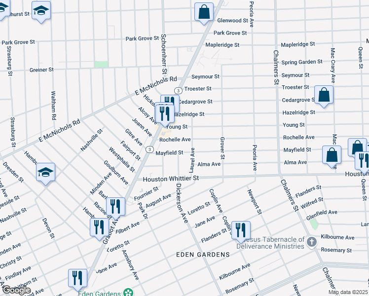 map of restaurants, bars, coffee shops, grocery stores, and more near 13338 Rochelle Avenue in Detroit