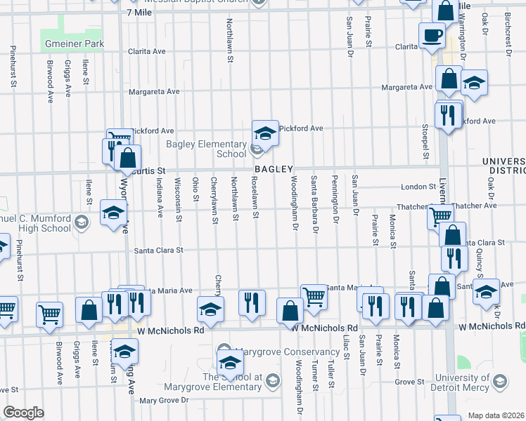 map of restaurants, bars, coffee shops, grocery stores, and more near 18026 Roselawn Street in Detroit