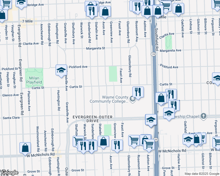 map of restaurants, bars, coffee shops, grocery stores, and more near 18640 Curtis Street in Detroit
