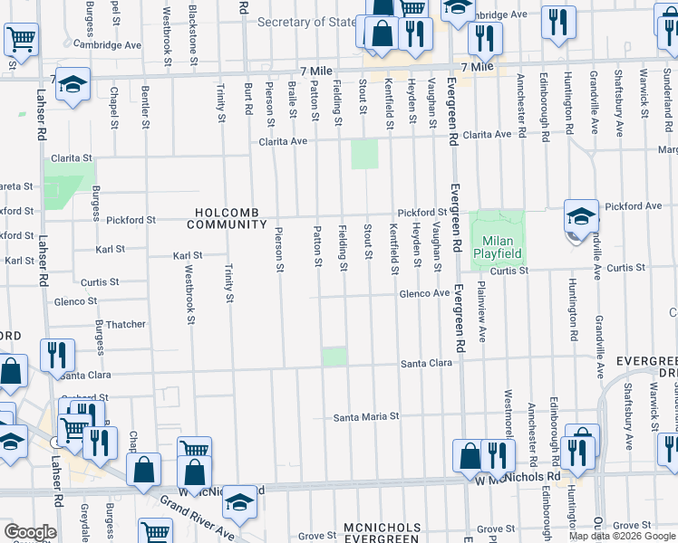 map of restaurants, bars, coffee shops, grocery stores, and more near 18212 Fielding Street in Detroit