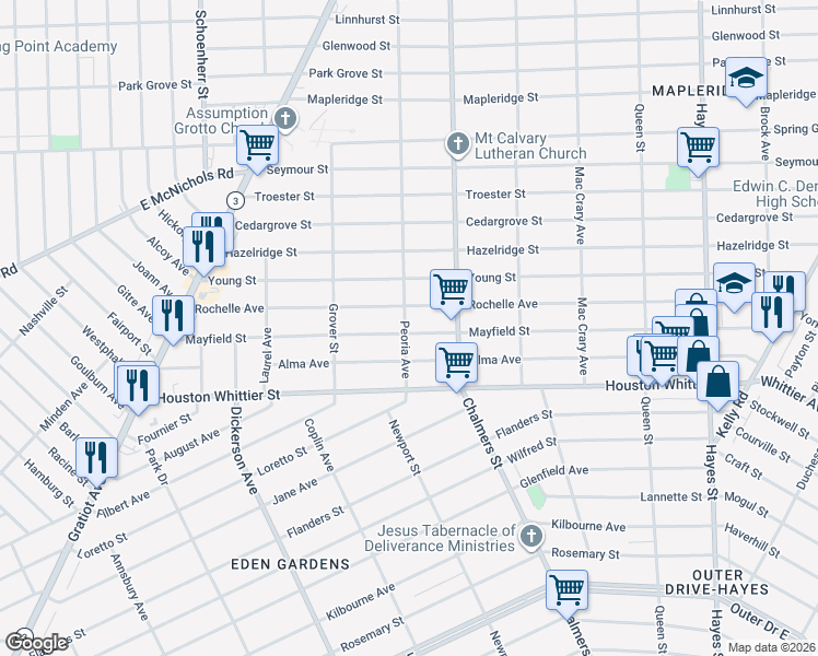 map of restaurants, bars, coffee shops, grocery stores, and more near 14190 Rochelle Avenue in Detroit