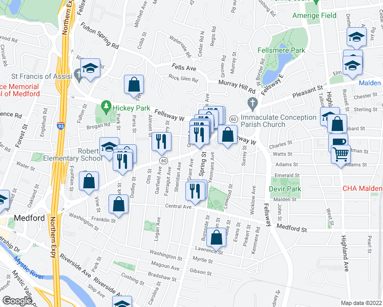 map of restaurants, bars, coffee shops, grocery stores, and more near Salem Street & Grant Avenue in Medford
