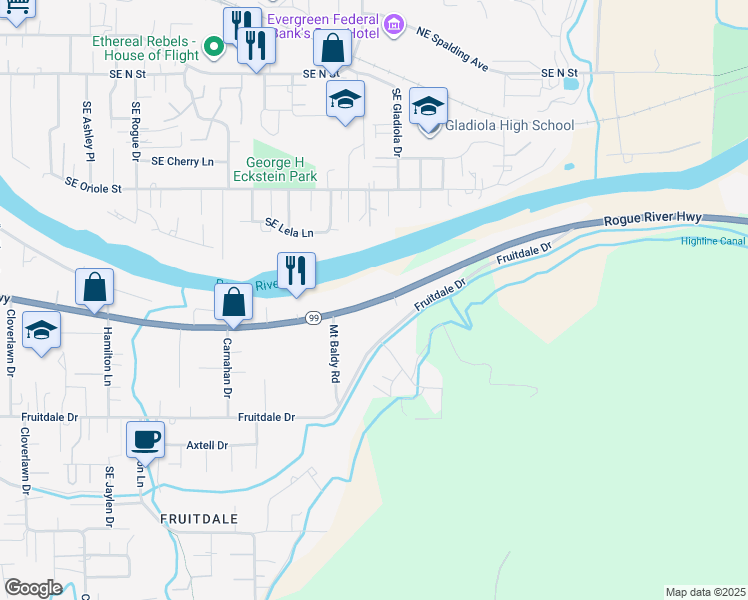 map of restaurants, bars, coffee shops, grocery stores, and more near 2074 Rogue River Highway in Grants Pass
