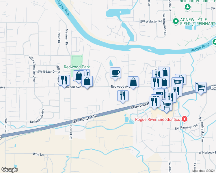 map of restaurants, bars, coffee shops, grocery stores, and more near Redwood Avenue & Pardee Lane in Grants Pass