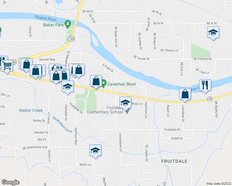 map of restaurants, bars, coffee shops, grocery stores, and more near Rogue River Hwy & Cloverlawn Dr in Grants Pass