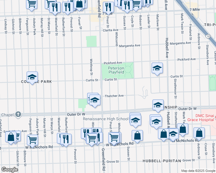 map of restaurants, bars, coffee shops, grocery stores, and more near 18188 Greenfield Road in Detroit