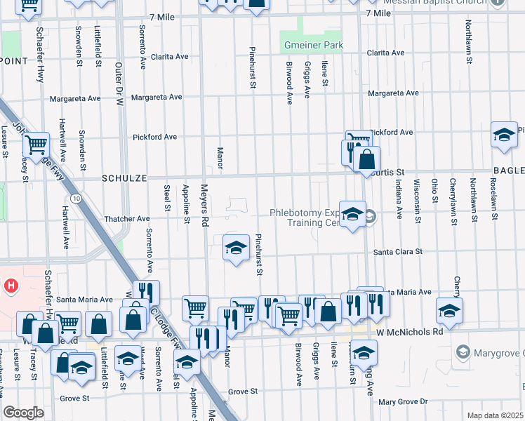 map of restaurants, bars, coffee shops, grocery stores, and more near 18047 Pinehurst Street in Detroit
