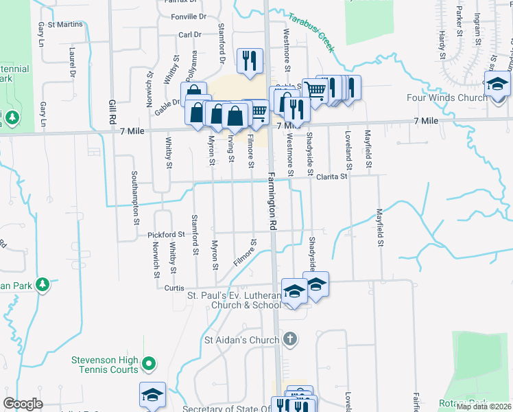 map of restaurants, bars, coffee shops, grocery stores, and more near 18734 Filmore Street in Livonia