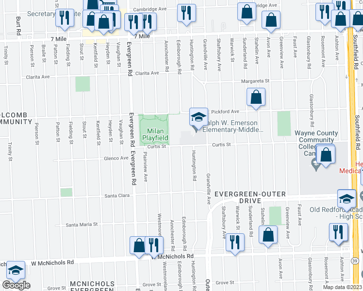 map of restaurants, bars, coffee shops, grocery stores, and more near Edinborough Rd in Detroit