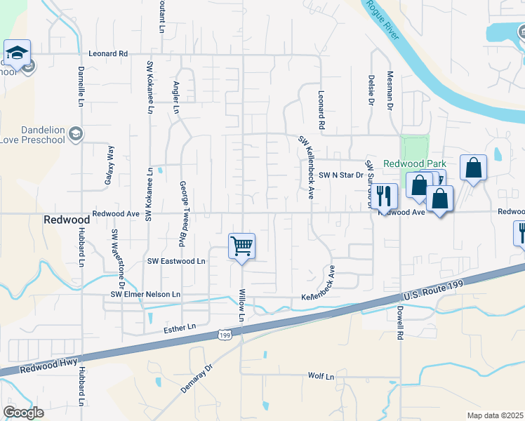 map of restaurants, bars, coffee shops, grocery stores, and more near 2301 Sasha Court in Grants Pass